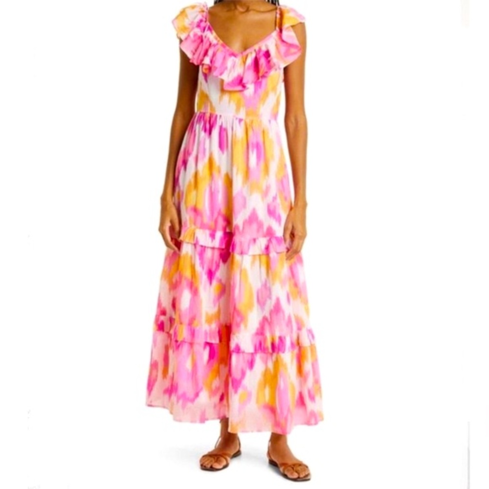 Banjanan Twiggy Maxi Dress Boho Tiered Ruffle Organic Cotton Ikat Rose Print L